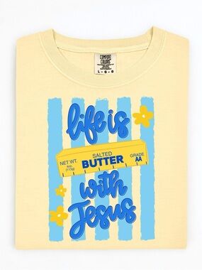 Comfort Colors Pale Yellow Tee with Blue Faith Graphic
